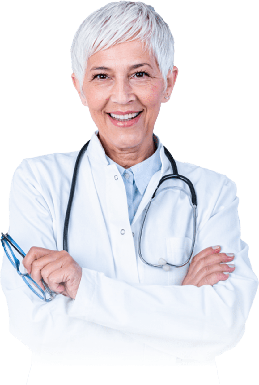 Friendly physician smiling and holding glasses